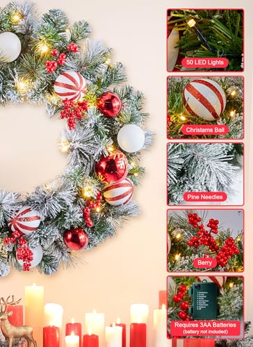 24-Inch Pre-Lit Artificial Christmas Wreath with LED Lights and Decorations