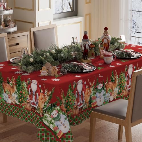Christmas Snowman Santa Deer Winter Tablecloth 60x84 Inch Rectangular Washable Home Decor