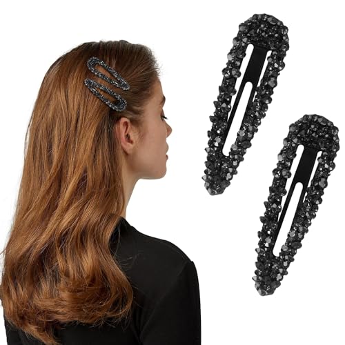 Black Crystal Snap Hair Clips, 3.15 Inch Sparkly Barrette Slides for Women