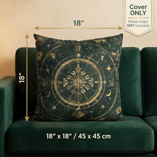 Dark Green Celestial Velvet Pillow Cover 18x18, Boho Sun Moon Astrology Print