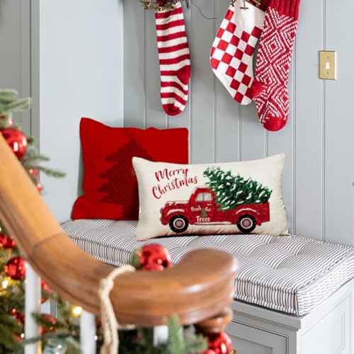 Red Truck Christmas Pillow Cover 20x12 Inches Holiday Home Decor - White / Pack of 1