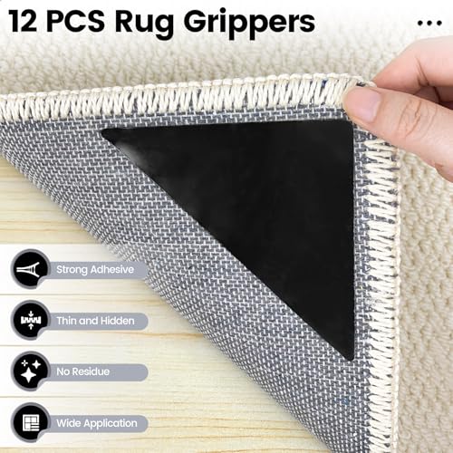 MOJOTORY Non-Slip Rug Grippers, Washable Adhesive Rug Tape, 12-Piece Set