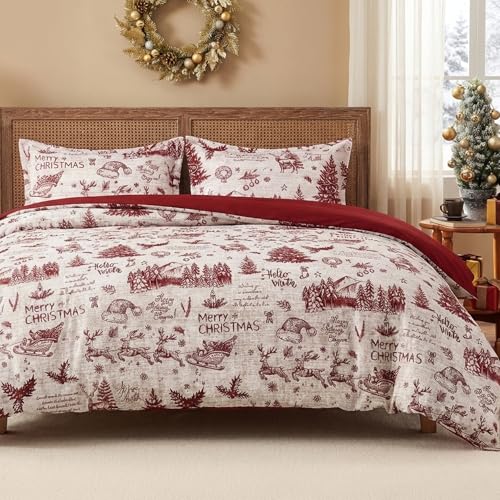 CAROMIO Christmas Duvet Cover Queen Size Red Holiday Printed Bedding Set 90x90