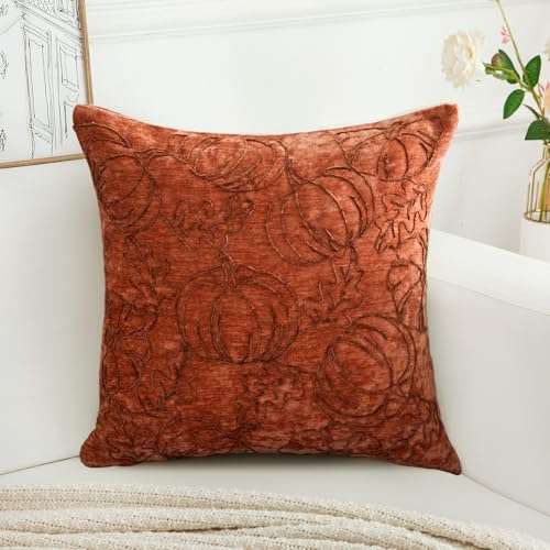 Fall Pumpkin Pillow Cover 18x18 Inch Chenille Decorative Cushion