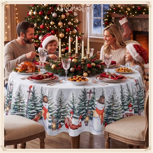 Romanstile White Christmas Round Tablecloth 70 Inch Snowman Trees Winter Decor