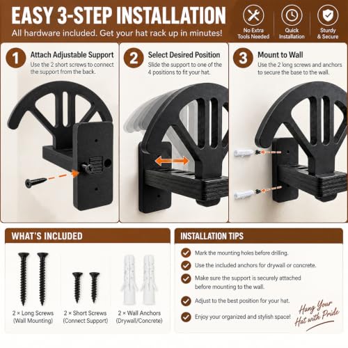 Wall-Mounted Cowboy Hat Rack with Adjustable Supports - Wooden Western Hat Holder