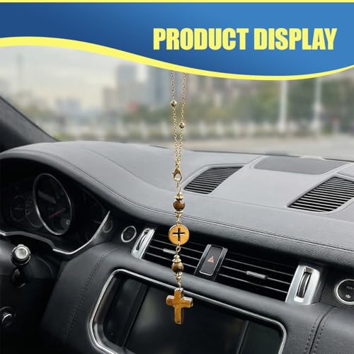 Craedli Tiger Eye Crystal Cross Car Mirror Hanging Charm Boho Auto Decor