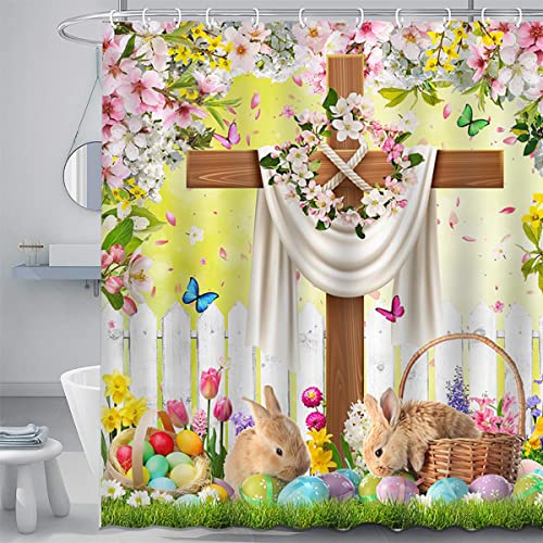 Mocsicka Easter Shower Curtain - He Is Risen Cross Floral Bunny Bathroom Decor 72x72 Inch with Hooks