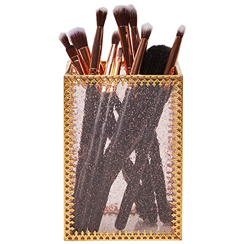 Glamlily Vintage Pink Glass Makeup Brush Holder with Gold Brass Frame
