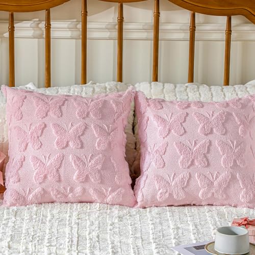 Pink Butterfly Pillow Covers Set of 2 18x18 Inch Faux Fur Decorative Throw Pillows
