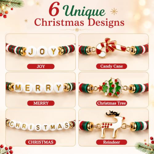 OHOME Red Green White Christmas Bracelets 6 Pack - Teens & Women Stocking Stuffers