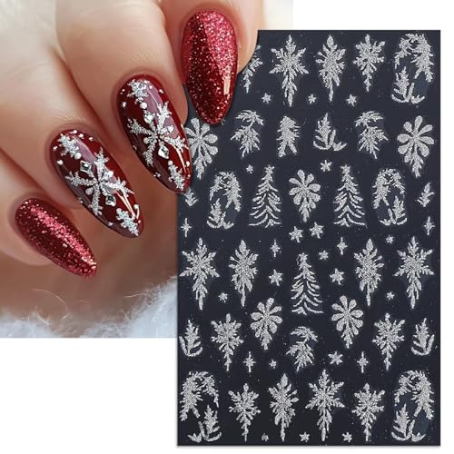 Glitter Christmas Nail Stickers Winter Silver Snowflake Elk Decals 5 Sheets