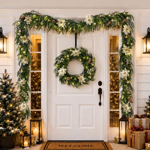 Green 9FT Christmas Prelit Norfolk Pine Garland with Lights & Decorations