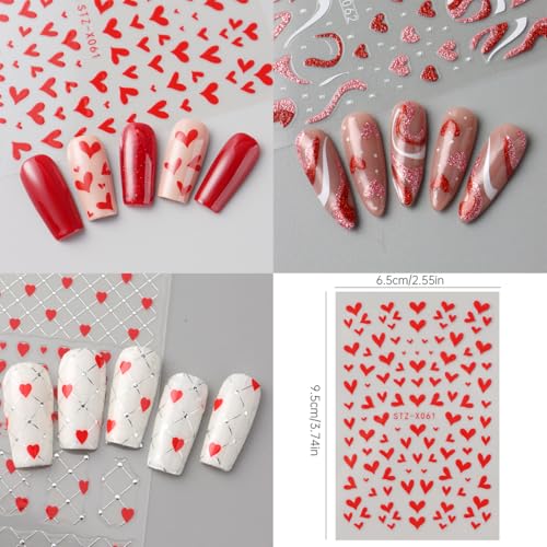 Valentines Day Nail Art Stickers 6 Sheets 3D Self-Adhesive Red Heart French Tips