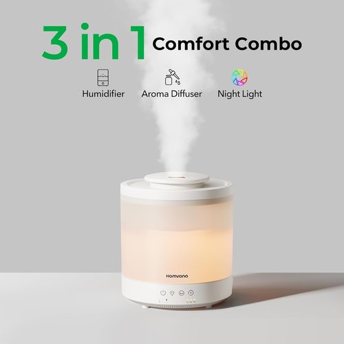 Homvana Small Humidifiers - 1.5L Cool Mist Top Fill Diffuser for Baby Nursery | 3-in-1 with 7 Color Lights