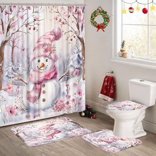 Pink Snowman Christmas Shower Curtain Set with Bath Mats and Toilet Cover