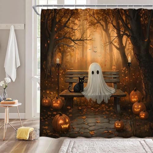 Halloween Ghost Shower Curtain - 70 x 70 Inch Spooky Bathroom Decor