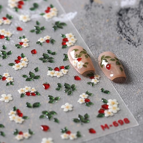 BYJKYEN Floral Nail Art Stickers White Flowers Green Leaves Self-Adhesive Decals