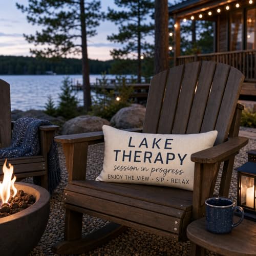 Lake Therapy Lumbar Throw Pillow Cover, 12x20 Inch Farmhouse Cream Decor