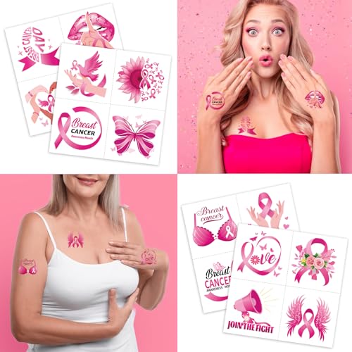 Konsait 96 PCS Breast Cancer Awareness Temporary Tattoos Ribbon Face Stickers