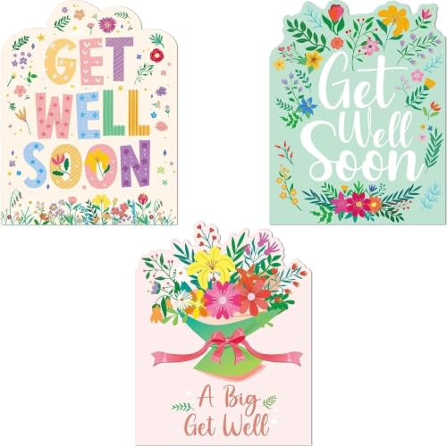 Jumbo Get Well Soon Cards - 3 Floral Designs with Envelopes
