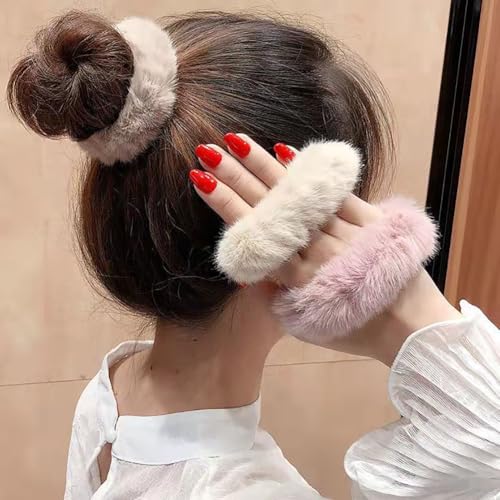Faux Fur Hair Scrunchies 10 Pcs Fluffy Ponytail Holders White