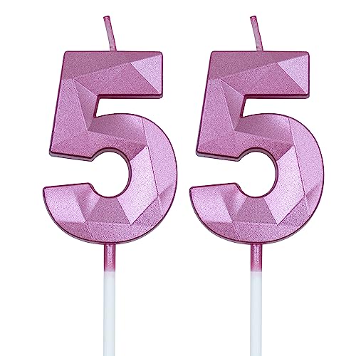Pink 3D Diamond Shaped 55th Birthday Candles - Set of 2