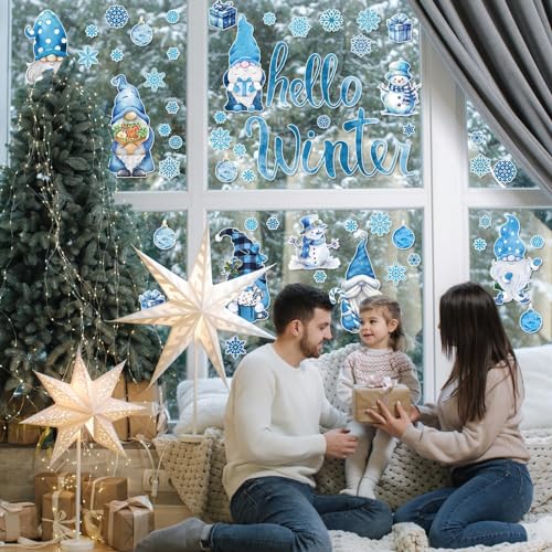 Hello Winter Gnome Window Stickers 131-Piece Watercolor Snowflake Decals - Blue Gnomes Christmas Decor