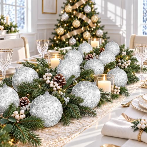 24 Pcs Silver Glitter Christmas Ball Ornaments - 2.36 Inch Holiday Decor
