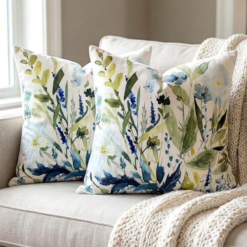 Sage Green Floral Velvet Throw Pillow Covers 18x18 - Set of 2