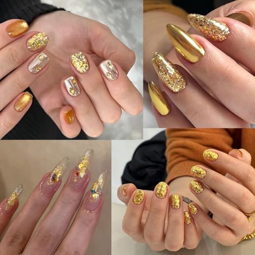 Gold Nail Glitter Powder and Sequins Set with Brush