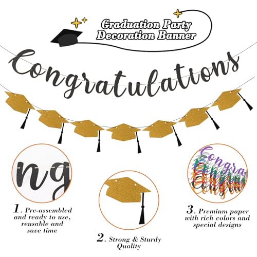 Graduation Decorations 2026 Pre-Strung Glitter Banner with Cap