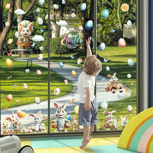 Hianjoo 87 PCS Easter Window Clings - Double-Sided Bunny & Egg Stickers
