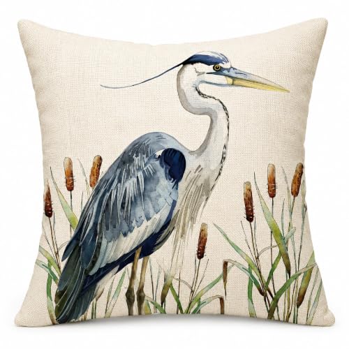 Watercolor Heron Throw Pillow Cover 18" x 18" - Blue Heron Design