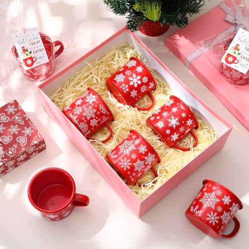 Christmas Enamel Mug Set 24 Pcs with Snowflake & Gingerbread Cards - Red