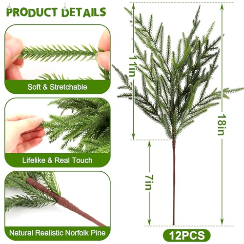 12Pcs 24 Inch Real Touch Norfolk Pine Branches Artificial Greenery for Christmas Decor