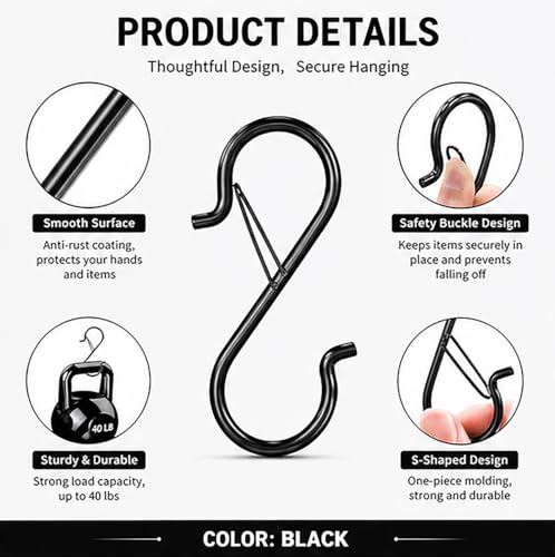 Coieaa Heavy Duty S Hooks with Safety Buckle - 6 Pack, Black Utility Hangers
