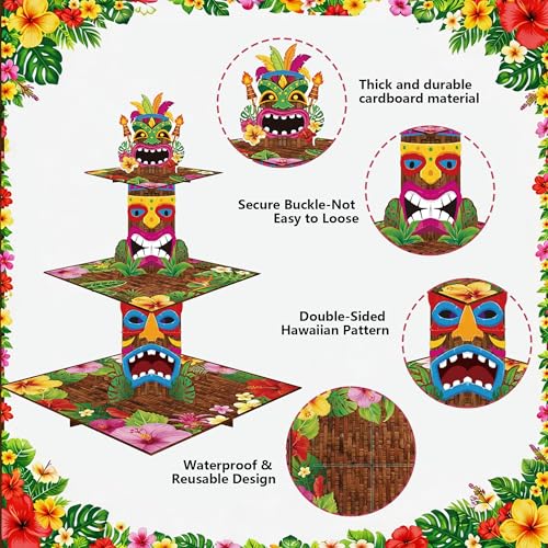 Hawaiian Cupcake Stand - 3 Tier Tiki Cake Holder for Luau Parties