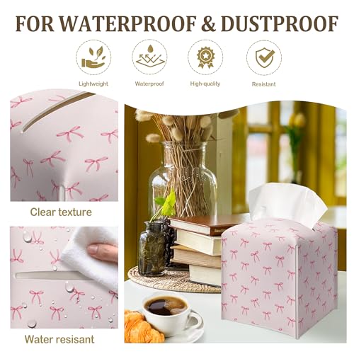 Pink Ribbon Bow Square Tissue Box Cover - Preppy Decorative Leather Holder