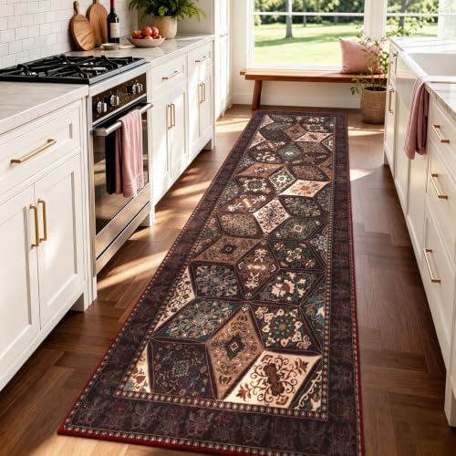Vintage Kitchen Runner 2.7x8 ft Distressed Patchwork Rug Brown Burgundy Variation