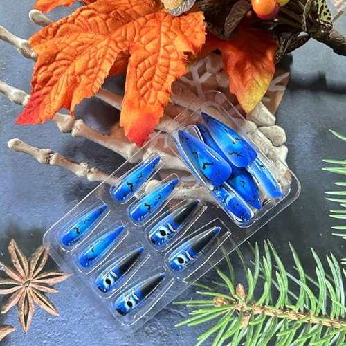 Halloween Press on Nails Long Almond Blue Skull Bat Acrylic False Nails