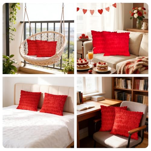 Valentines Day Red Faux Fur Throw Pillow Covers 18x18, Set of 2