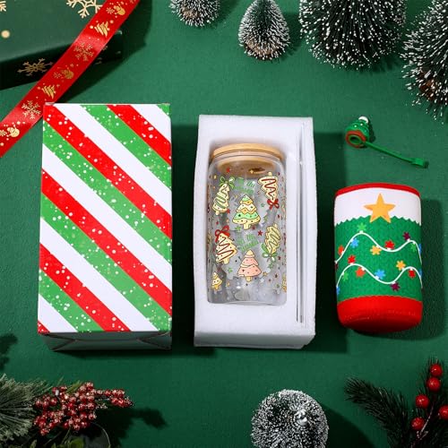 Christmas Glass Cup with Lid & Straw - 16oz Novelty Xmas Drinkware with Sleeve & Gift Box