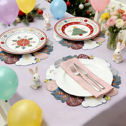 OVOY Easter Placemats Set of 2 - 13.77 Inch Round Embroidered Bunny Table Mats