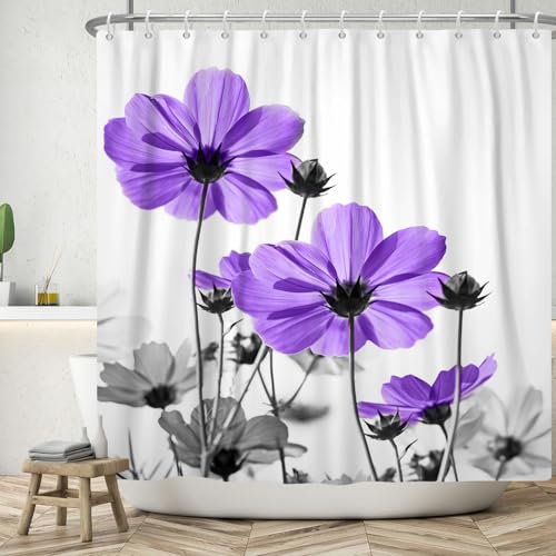 Violet Grey Floral Shower Curtain, 72x72 Inch, Vintage Botanical