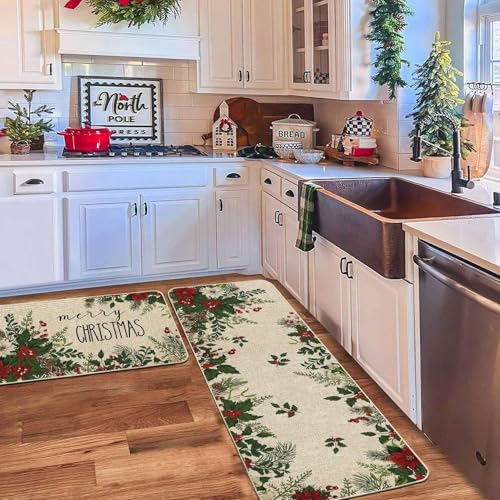 Christmas Kitchen Rugs Set of 2 - Holly Berry Poinsettia Burlap Mats, 17x29 & 17x47 Inches