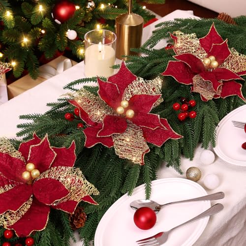 Artificial Poinsettia Flowers Set - 9 Inch Glitter Christmas Decorations, Red & Gold
