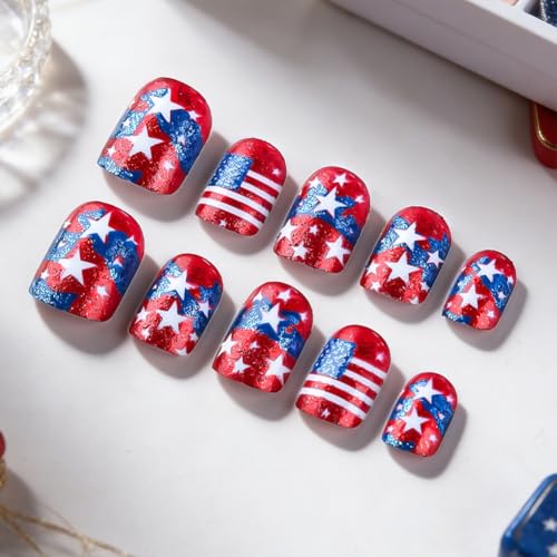 American Flag Press On Nails Patriotic Short Fake Nails Red White Blue