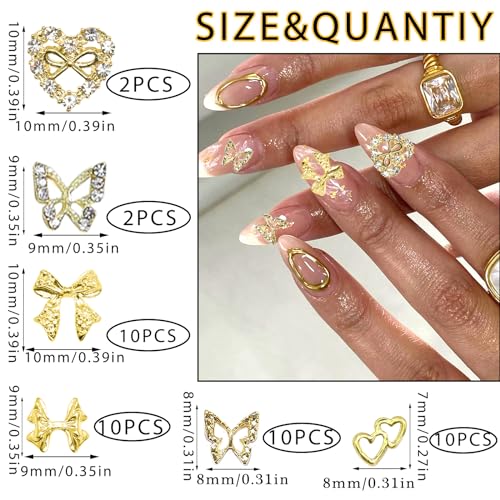 RODAKY 44PCS Gold Nail Charms 3D Bow Butterfly Metal Gems