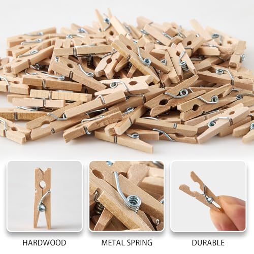 Natural Mini Wooden Clothespins Set with Jute Twine - 100 Pcs
